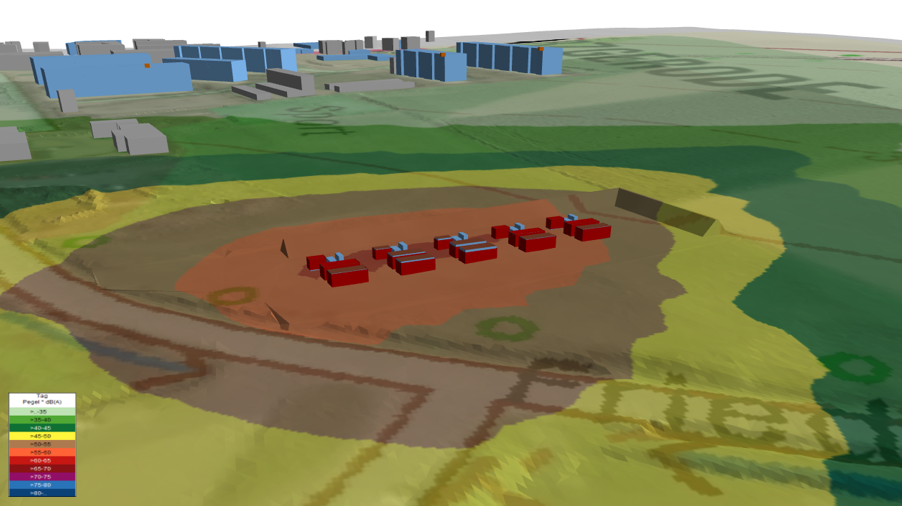 Model instalacji BESS i mapa propagacji hałasu w IMMI